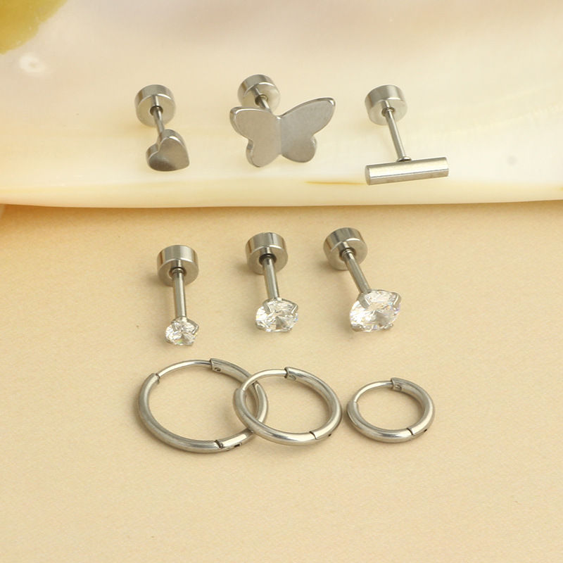 Amazon Hot Sale Stainless Steel Ear Studs Bone Nails Barbell Wafer Earrings Combination Set Body Piercing Jewelry detail image 9