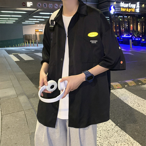 Men's Summer Thin-Padded Button-Down Short-Sleeve Shirt, Loose and Versatile Casual Trendy Instagram Hong Kong Style Japanese Five-Sleeve Outerwear