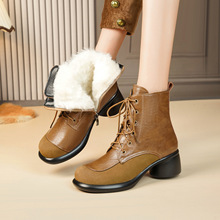 真皮女士短靴冬季新款加绒加厚棉鞋保暖真皮毛一体粗跟马丁靴