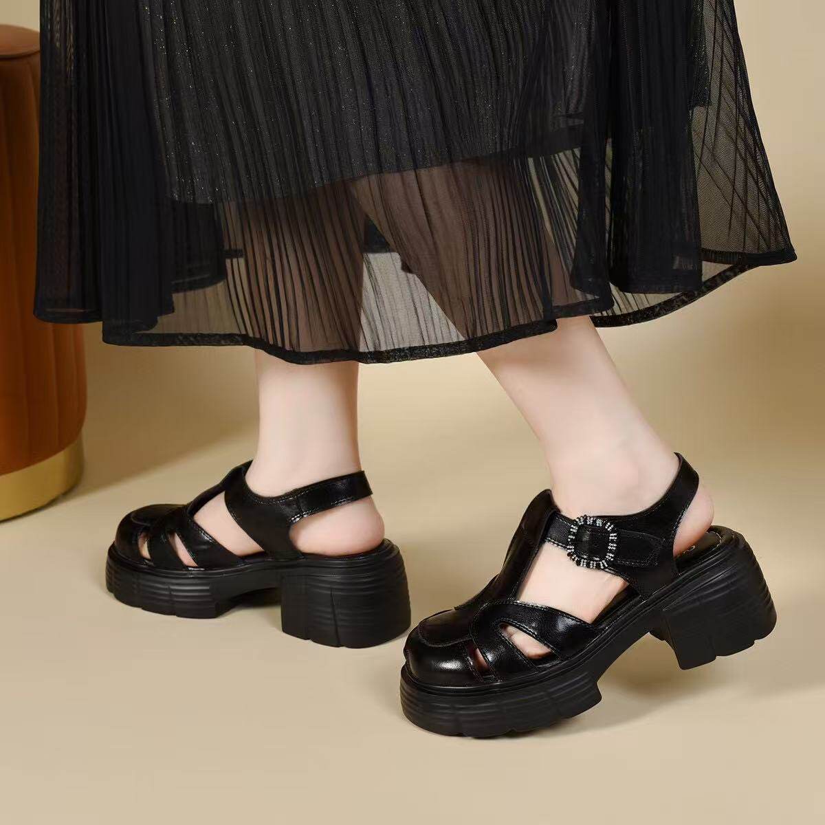 Sandal nữ da thật mũi trùm La Mã gót thô đế dày — màu be chi tiết 7