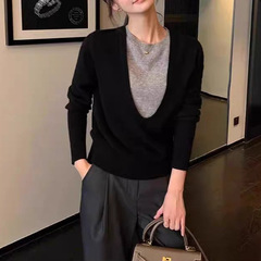 Maven Lin1 设计感假两件大U领100羊毛显瘦针织衫女春秋宽松毛衣