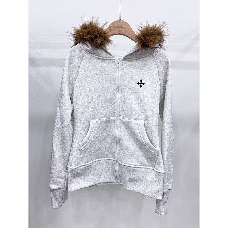魔西女王深灰色连帽修身卫衣毛领外套秋冬美式高端拉链连帽衫女装|undefined