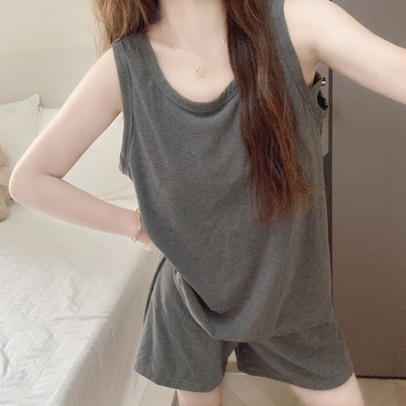 Casual Vest Shorts Pajamas Set with Chest Pad Summer New Sleeveless Pullover Loose Can Be Worn Outside Home Clothes for Women