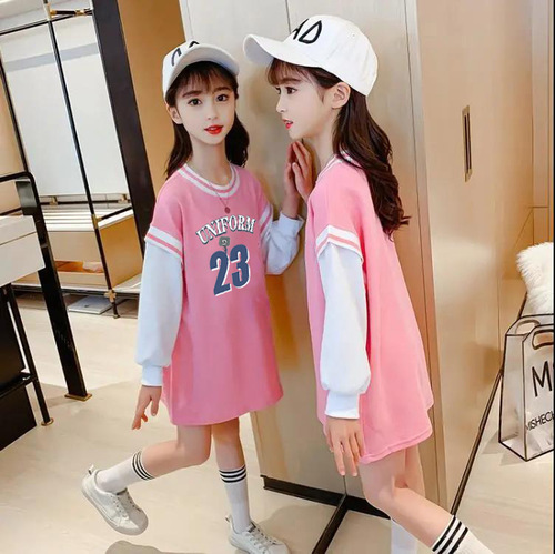 Girls mid-length letter print dress 2021 autumn and winter new fake two-piece sweatshirt college style T-shirt dress trend