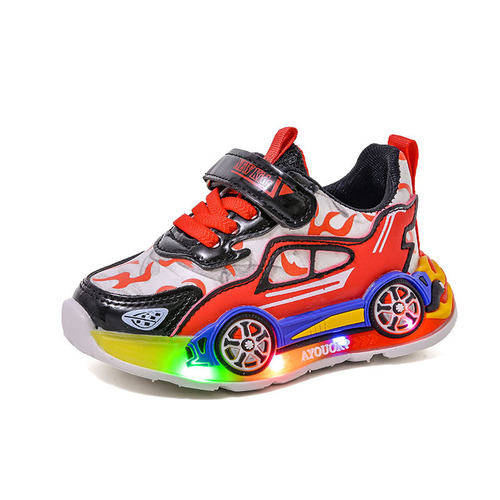 Boys' 2025 Spring and Autumn Cartoon Character Leather Surface LED Light-up Sneakers for Boys, Size 6-12