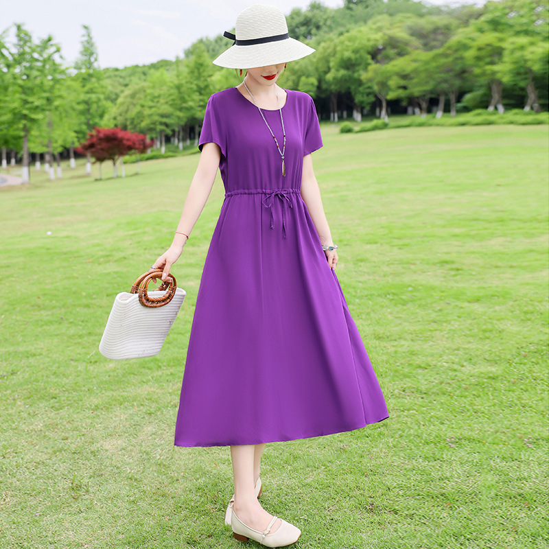 中高年向けの新しい綿シルクドレス、夏の若いスタイル、中年母親の花柄ロングスカート、エレガントなアウターウェア|undefined