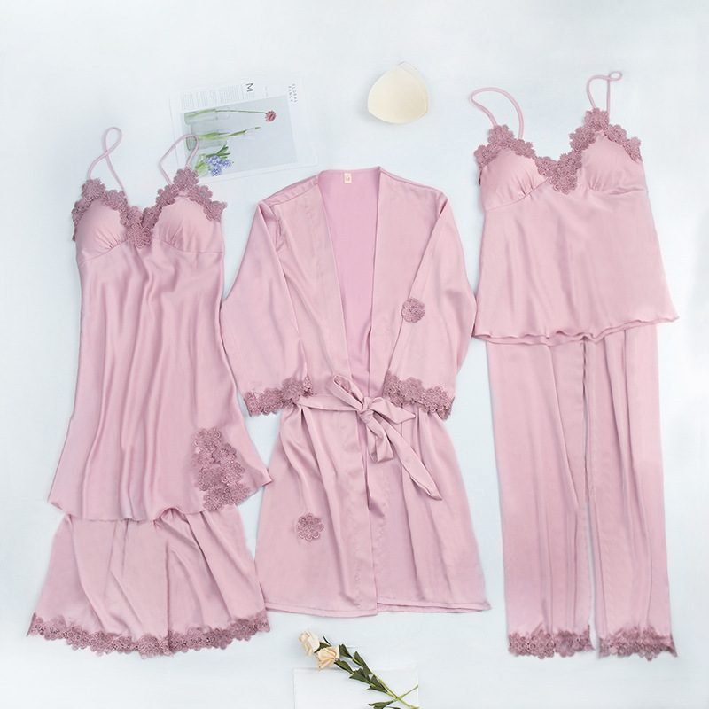 Yaoting-pijamas de gasa satinada para primavera y verano, conjunto de cinco piezas de seda helada, ropa de casa sexy informal y sencilla con almohadillas para el pecho