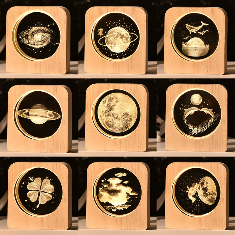 [跨境星球小夜灯3D图案内雕发光水晶桌面摆件木质底座景观节日礼物]