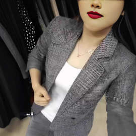 8900春秋季新款灰色通勤韩版休闲格子长袖翻领西服外套裤子套装女