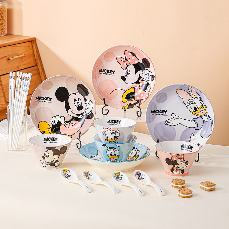 Disney Ceramic Plates, High-Quality Bowl and Plate Tableware Set, Three-Piece Cartoon Household Underglaze Color Rice Bowl Set