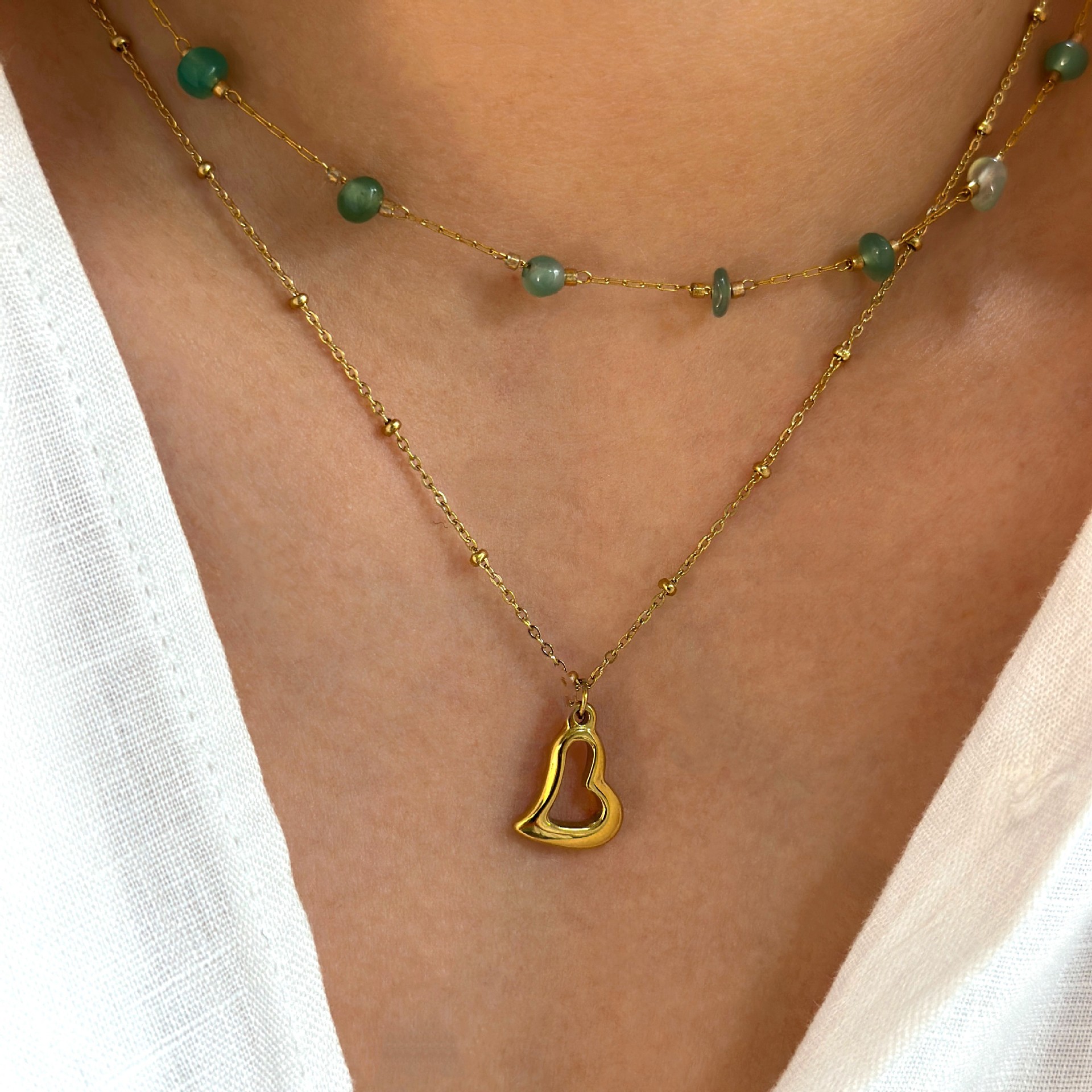 5g Weight Vacuum Plating Gold Plating Process IG Style Simple Style Geometric Heart Shape Natural Stone Titanium Steel Beaded Plating 14K Gold Plated Women's Rings Necklace