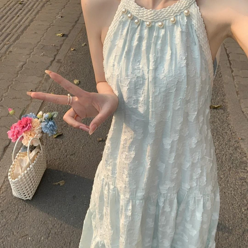 パールノースリーブホルターネックドレス女性のための夏の 2025 新しいハイエンドフレンチビーチリゾートドレスサスペンダーロングスカート|undefined