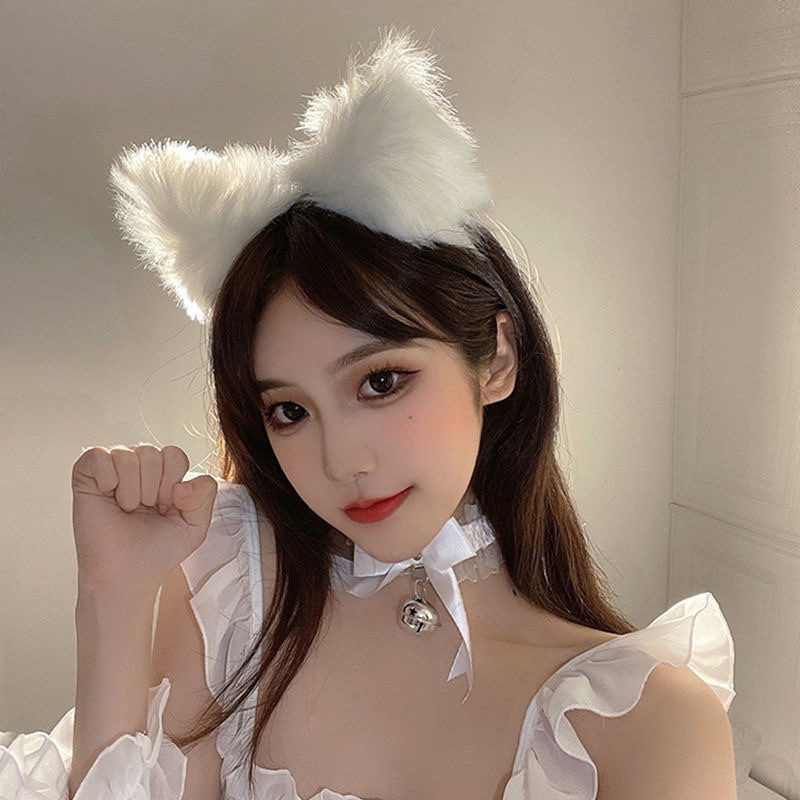 Fox Fur Plush Headband with Cat Ears and Bell Choker, Black — detail image 4