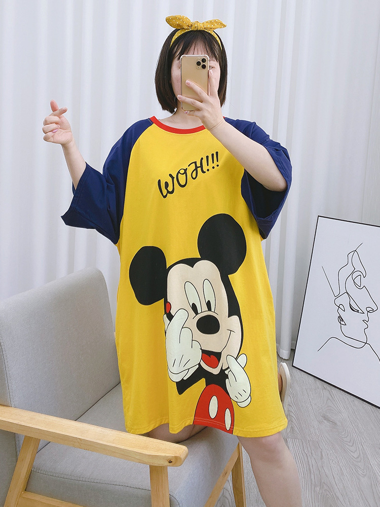 Pijama de verano camisón delgado de manga corta para mujer puesto de dibujos animados lindo estudiante suelto vestido MIDI de una pieza ropa para el hogar