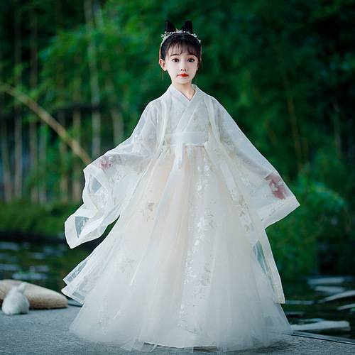 Girls kids baby champagne princess fairy dress hanfu  Chinese super fairy outfit Ru antique folk dance costumes kimono dress for children