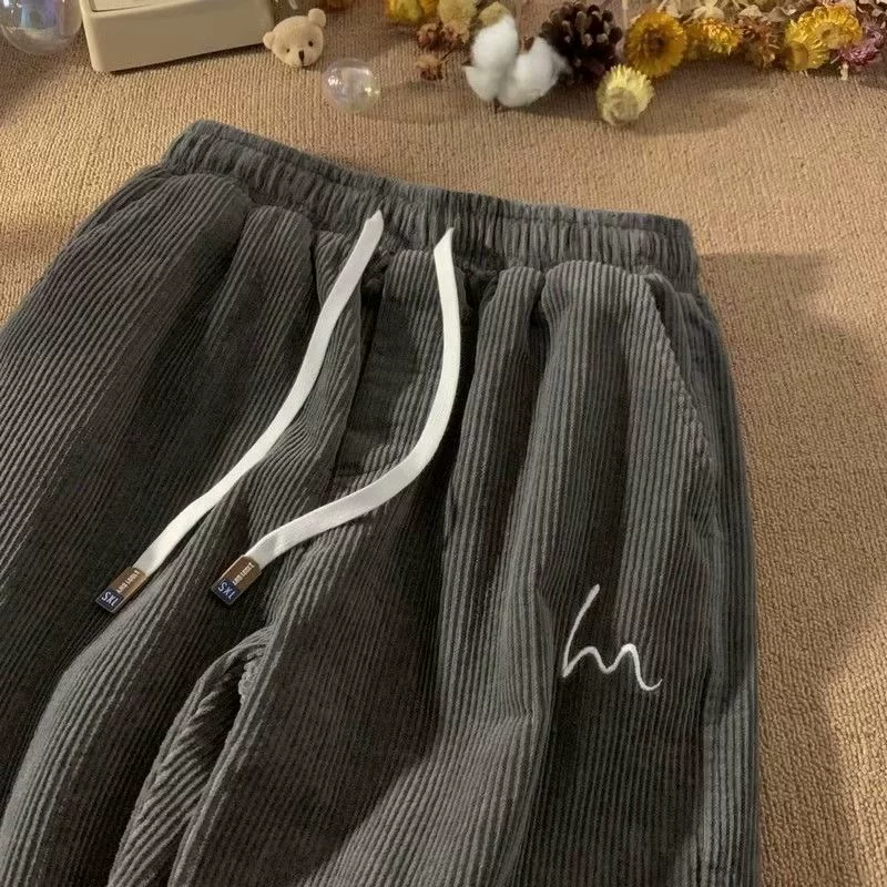 Повседневные брюки с завязками на щиколотке, мужские свободные вельветовые укороченные брюки, Осенние кружевные универсальные спортивные брюки для бега с эластичной талией