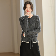 复古花纱蕾丝边针织开衫女2025秋季新款下摆抽绳短款外搭毛衣外套