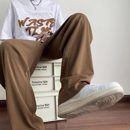 Men's Summer Thin American Casual Long Pants Trendy Loose Straight Leg Wide Leg Pants in Chiaroscuro Brown Ice Silk