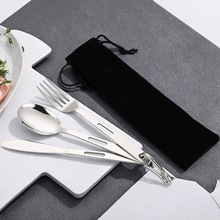 跨境不锈钢便携餐具刀叉勺子三件套户外露营礼品学生布袋餐具套装