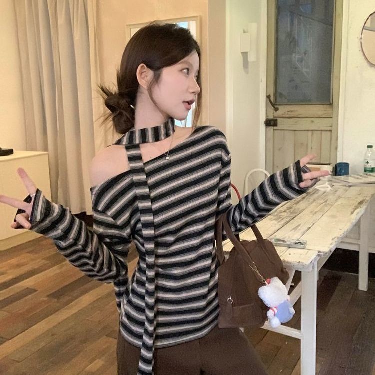 复古撞色条纹斜肩飘带长袖t恤女春秋韩系设计感修身露肩洋气上衣|undefined