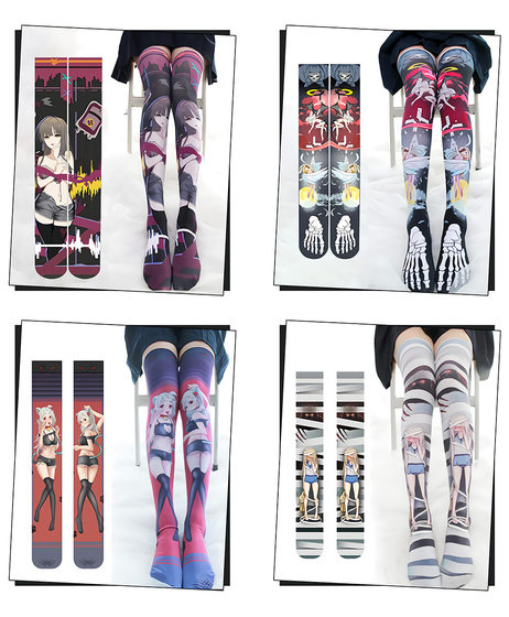 Printed Silk Stockings Thin Women's Spring and Autumn Japanese Style Lolita Cute Animation Over-the-Knee Long White Velvet Socks