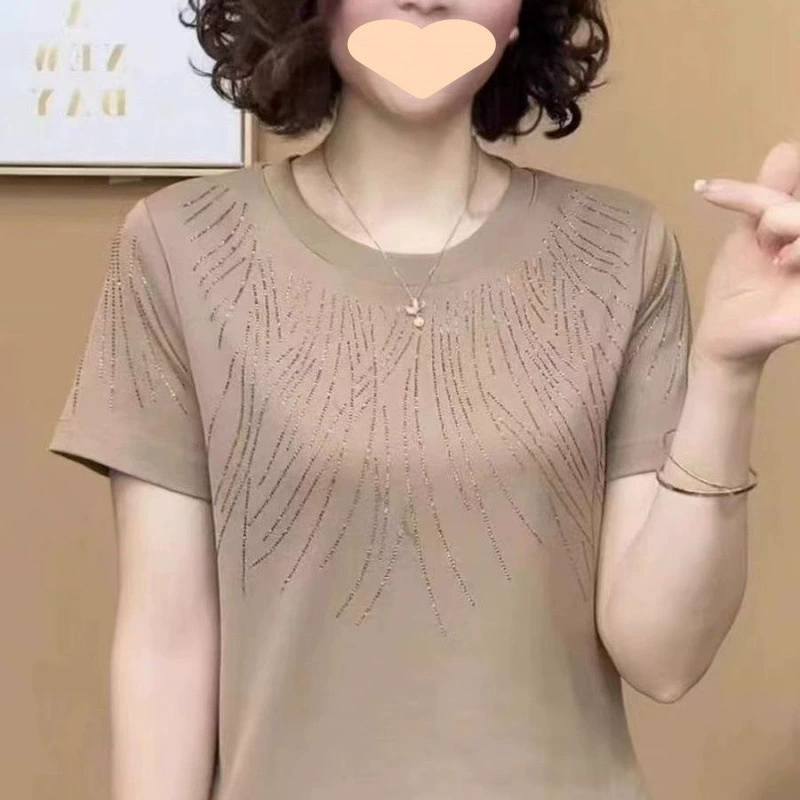 Модная универсальная свободная рубашка с короткими рукавами и круглым вырезом, новый летний однотонный топ для похудения со стразами для мам