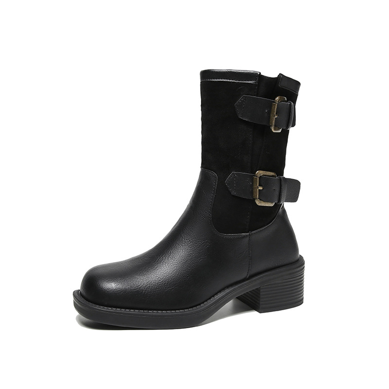 Vintage high-heeled booties Women's boots New fall/winter belt buckle mid-calf single boot chunky heel boots_voghion.com