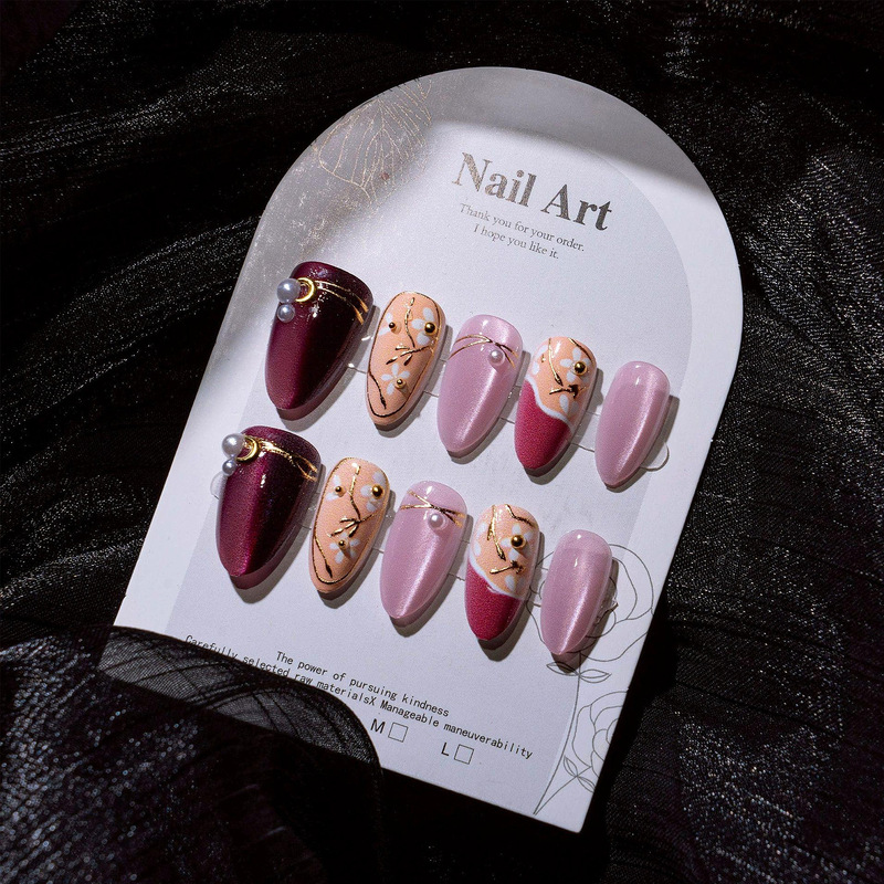Cross-border hot item: burgundy cat-eye pearl nail art with delicate floral designs, suitable for engagement and wedding attire, high-end wearable nails Cross-border hot item: burgundy cat-eye pearl nail art with delicate floral designs, suitable for engagement and wedding attire, high-end wearable nails