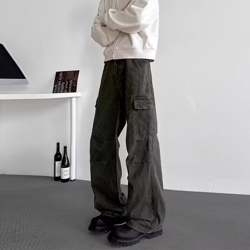 Men's Cargo Pants 2025 Spring/Summer Loose Wide-Leg Casual Trousers, American-Style Streetwear with Multiple Pockets
