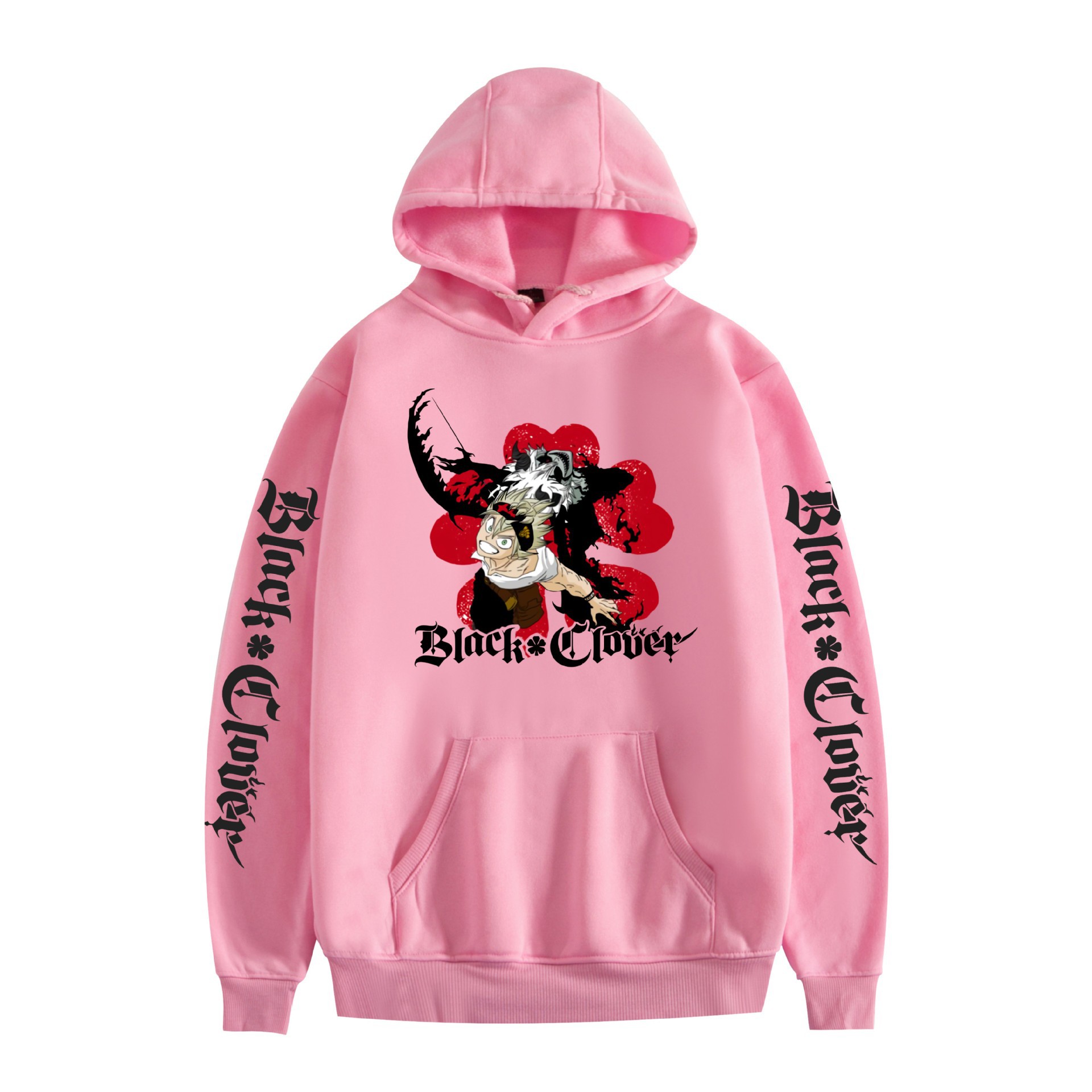 Suéter con capucha periférico de animación de trébol de cuatro hojas negro bidimensional marca de moda sudadera con capucha suelta casual más chaqueta de terciopelo nuevo