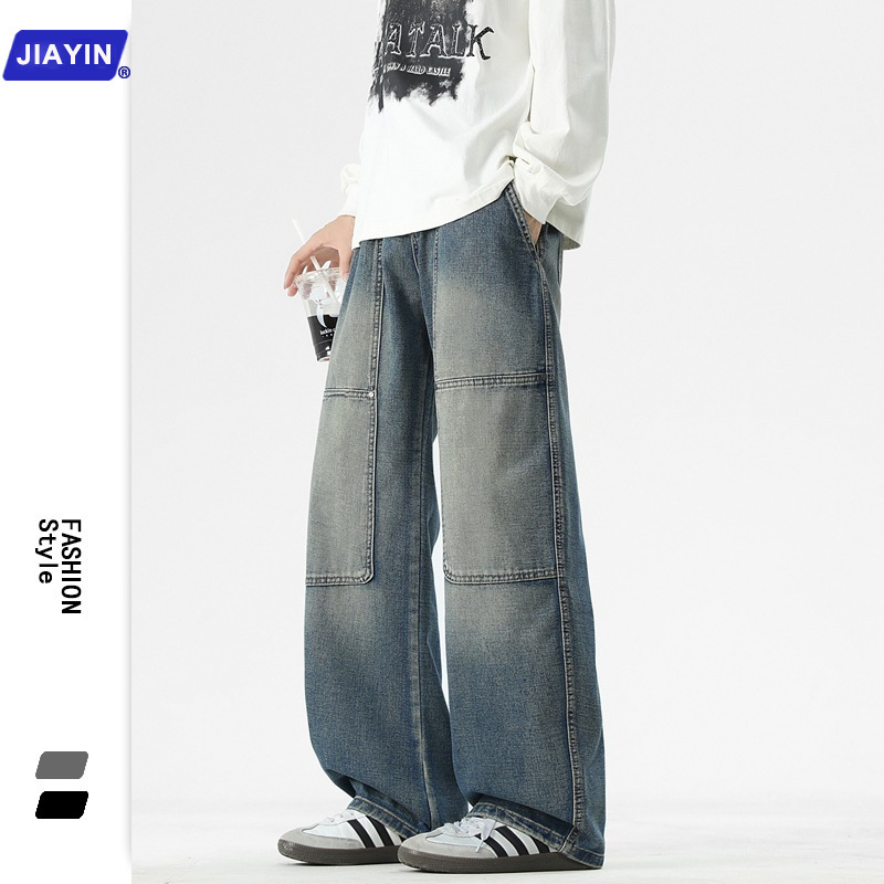 American Retro New High Street Trendy Brand Versatile Original Color Wide Rivet Logging Jeans Men's Straight Loose Casual