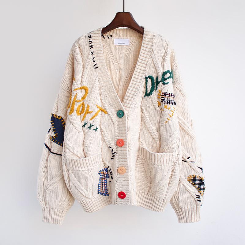 Cross-Border Autumn and Winter Women's Color-Blocked Lazy Style Cardigan Sweater Women's Korean Style Letter Embroidered Loose Sweater Jacket Cross-Border Autumn and Winter Women's Color-Blocked Lazy Style Cardigan Sweater Women's Korean Style Letter Embroidered Loose Sweater Jacket