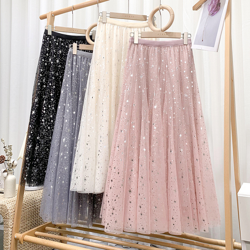 Star Skirt Gauze Skirt Sequin Pink Mesh Skirt 2021 Spring Women's Mid-Length High Waist Large Swing Skirt Long Skirt