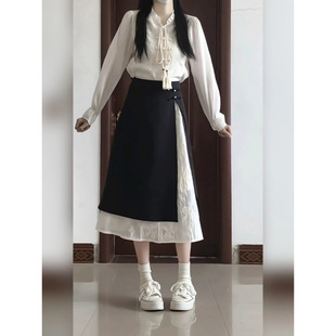 New Chinese Style Unique and Beautiful Design Buttoned Long-Sleeved Shirt Chinese Style High-Waist Slimming Look A-Line Skirt Two-Piece Set