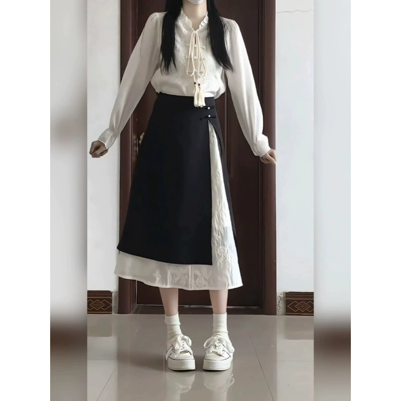 Новый китайский стиль, уникальный и красивый дизайн, рубашка с длинными рукавами на пуговицах, китайский стиль, высокая талия, утягивающая юбка трапециевидной формы, комплект из двух предметов