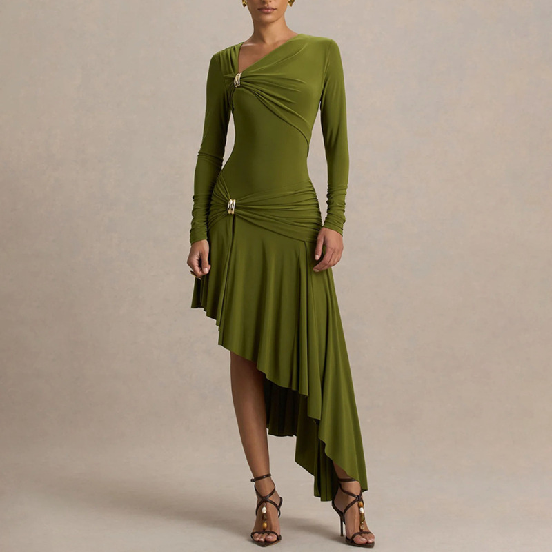 2026 primavera nueva moda delgada sexy pliegue irregular vestido de cadera comercio exterior al por mayor