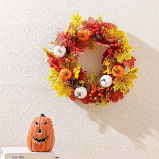 Cross-Border Hot Selling Home Window Decoration Door Hanging Thanksgiving Autumn Decoration Simulated White Pumpkin Maple Leaf Garland