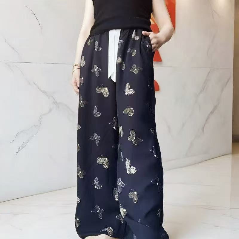 【双口袋】棉绸人棉阔腿裤女春夏季宽松拖地直筒高腰垂感慵懒睡裤