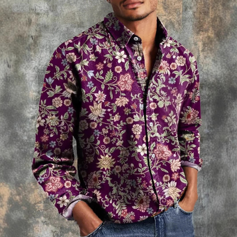 Cross-Border Independent Station European and American Men's Tops Western Retro Spring and Autumn Casual Four-Way Stretch Printed Long-Sleeved Men's Shirts Cross-Border Independent Station European and American Men's Tops Western Retro Spring and Autumn Casual Four-Way Stretch Printed Long-Sleeved Men's Shirts