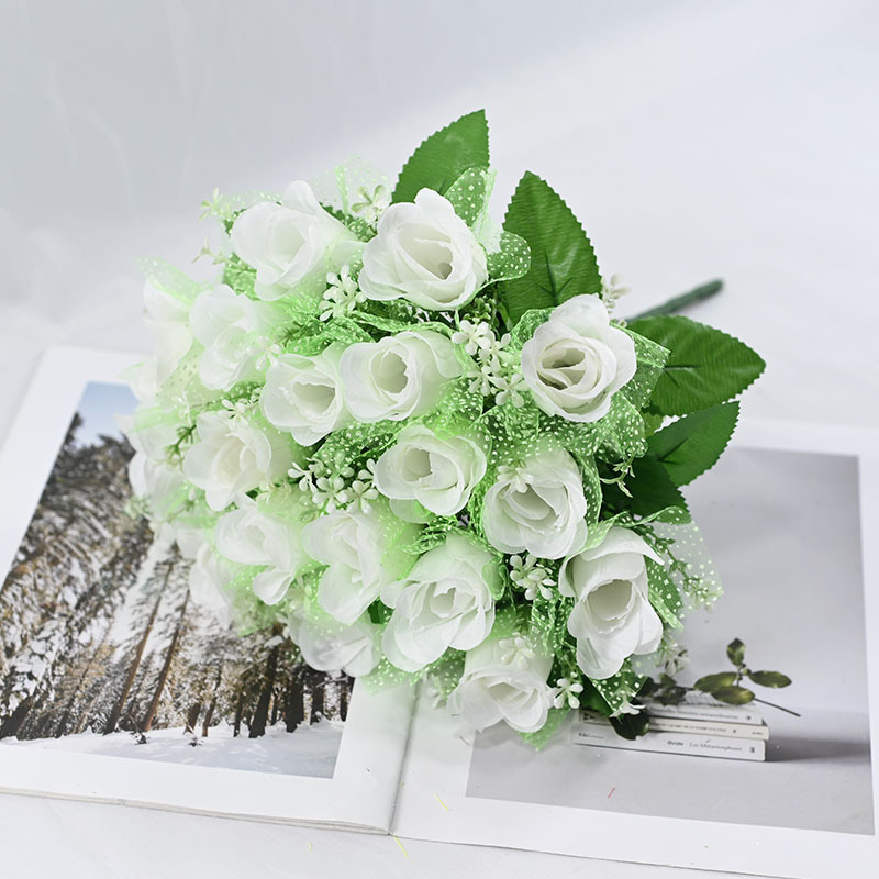 Fuente de fábrica de pantalla de fotos flores de simulación transfronteriza rosa 18 cabezas con hilo de cabeza plana decoración de bodas de hotel ramo de flores falsas