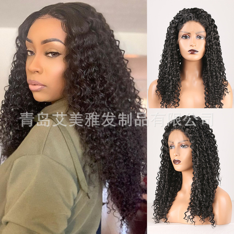 Cross-border Amazon new wig headgear front lace hand hook black African small curly hair long chemical fiber hair spot