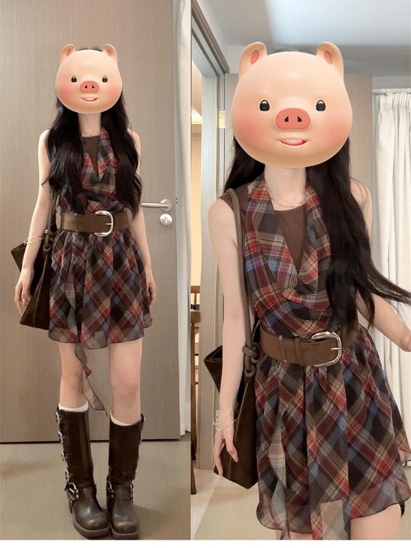 美式复古辣妹荡领挂脖连衣裙子女夏季2025新款小个子格纹气质短裙|undefined
