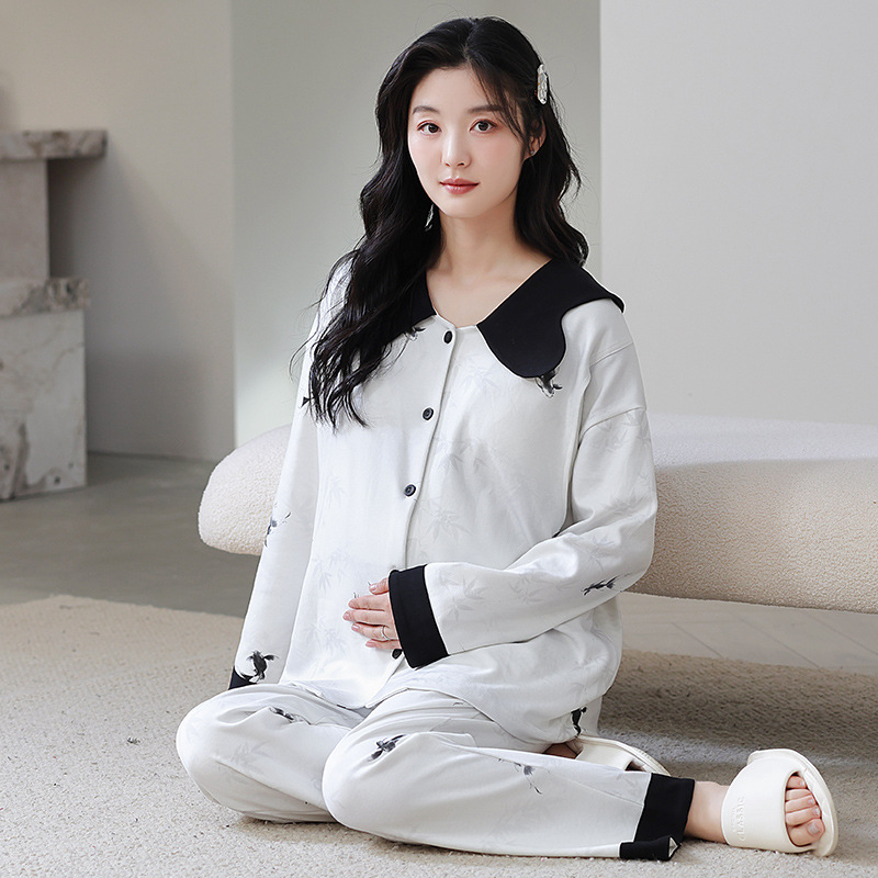 가슴 패드가 내장된 순면 감금복, 긴팔 가디건, 편안한 봄, 가을 순면 투피스 홈복 세트