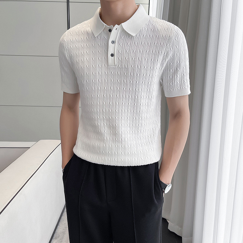 Foreign trade wholesale men's new light business Jacquard knitted short-sleeved T-shirt slim-fit half-sleeve polo shirt lapel t