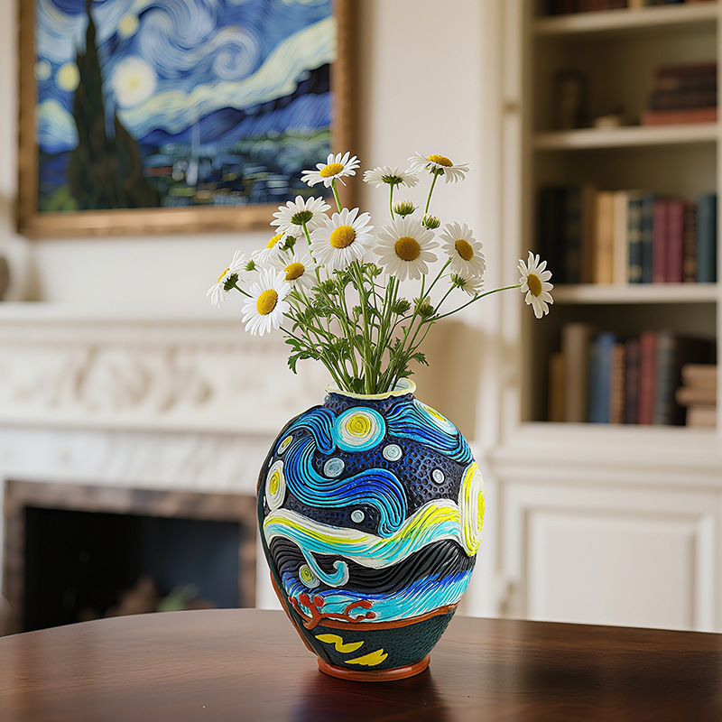  Hot Selling Van Gogh Art Inspiration Starry Night Resin Vase Set Home Desktop Flower Arrangement Decorative Vase Ornaments