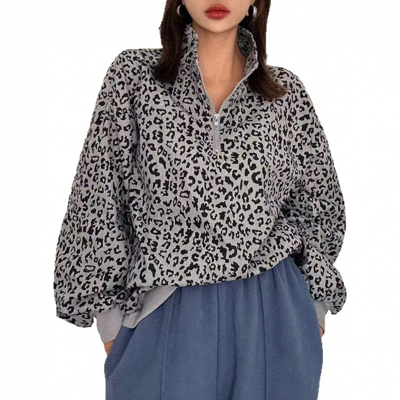 Women's Leopard Print Sweatshirt Loose Mid-length Jacket_voghion.com