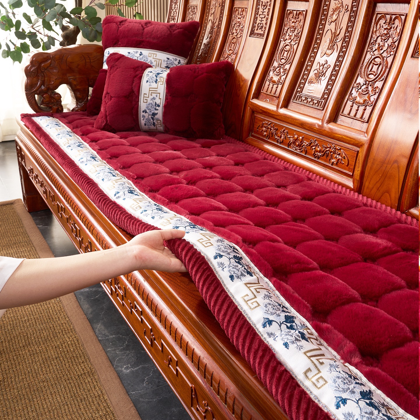 New Chinese Style Mahogany Rabbit Plush Sofa Cushion Winter Plush Chair Cushion Solid Wood Chair Seat Cushion Non-Slip Solid Wood Sofa Cushion