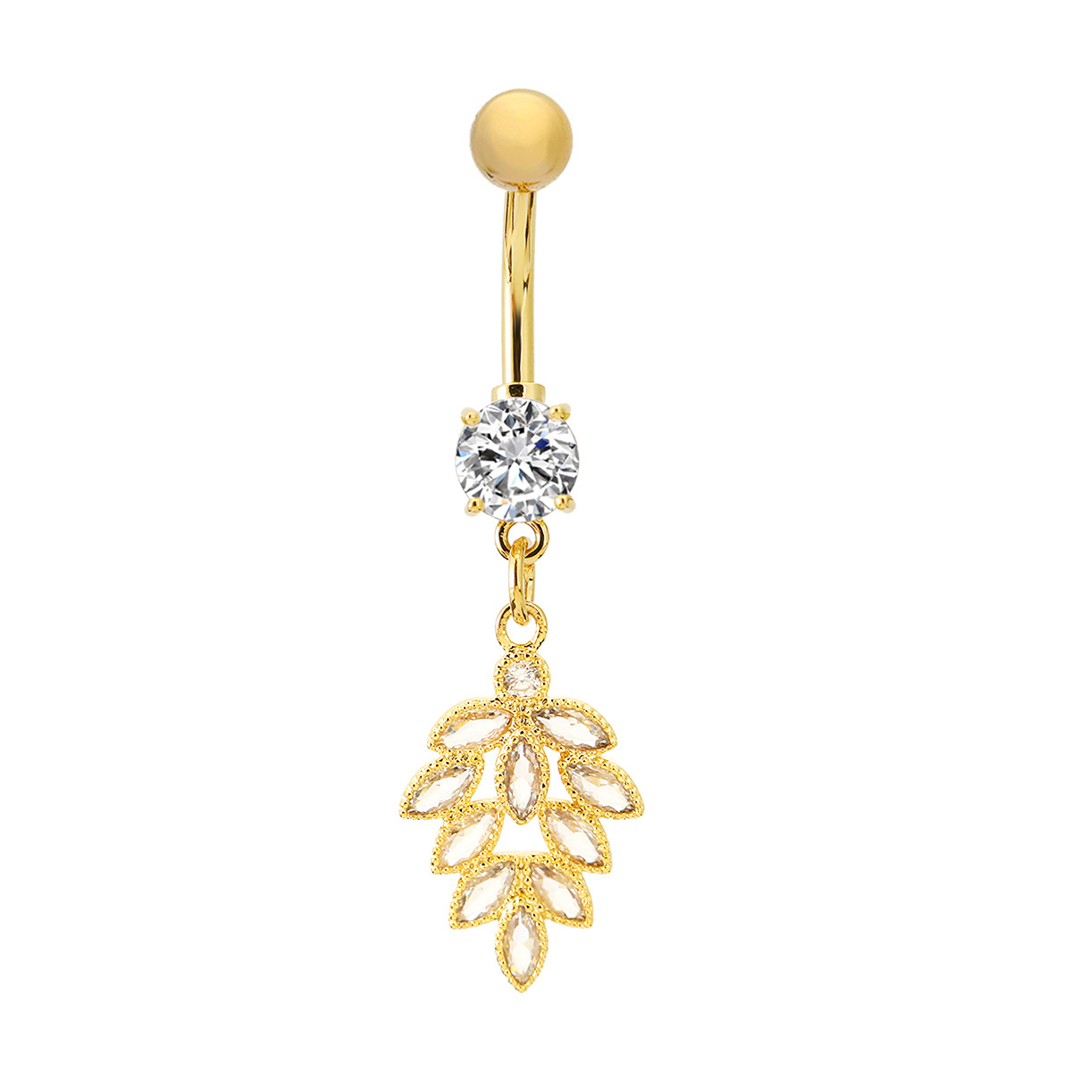 European Leaf Belly Button Ring With Diamond Body Piercing Jewelry_voghion.com