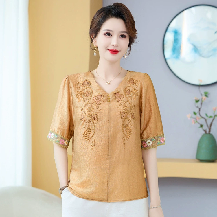 Летняя футболка с короткими рукавами в стиле ретро для мамы, свободная рубашка для похудения среднего и пожилого возраста с v-образным вырезом и вышивкой, женская верхняя рубашка