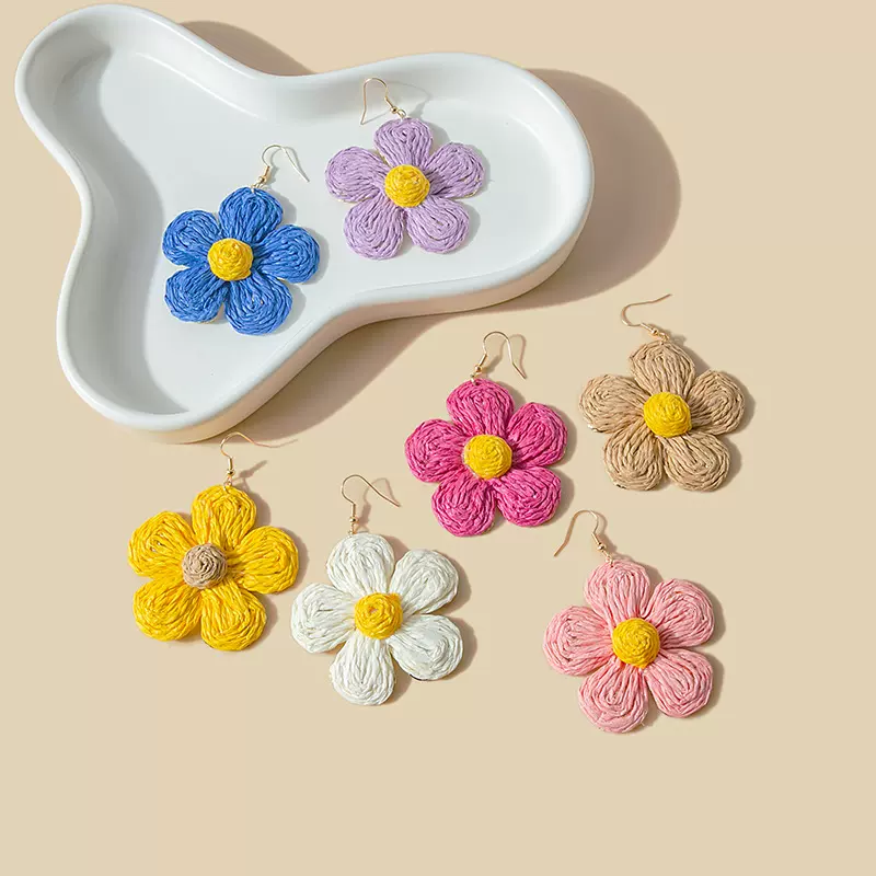 韩式潮手工编织拉菲草夸张花朵耳钩个性甜美拼色花环小众耳环耳饰
